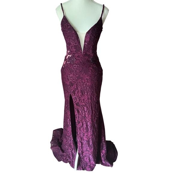 La Femme Women's 8 Dark Berry Deep V-neck Stretch Sparkle Embellished Lace Gown - Picture 3 of 16
